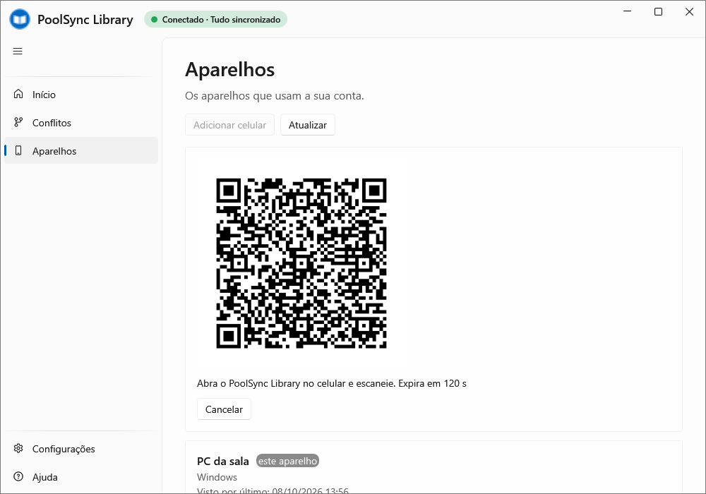 Tela Aparelhos do PoolSync Library mostrando um QR para adicionar o celular.
