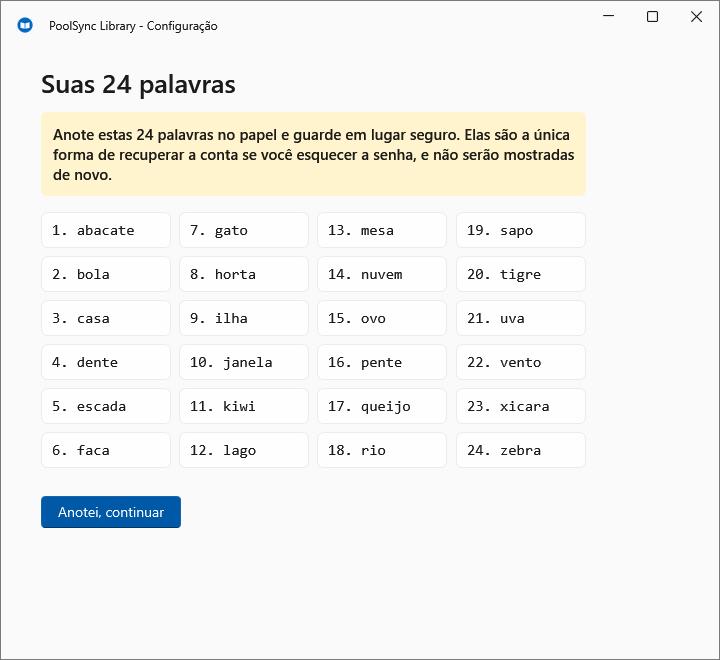 Tela do assistente com a grade das 24 palavras de recuperação, numeradas, e o aviso para anotá-las no papel.