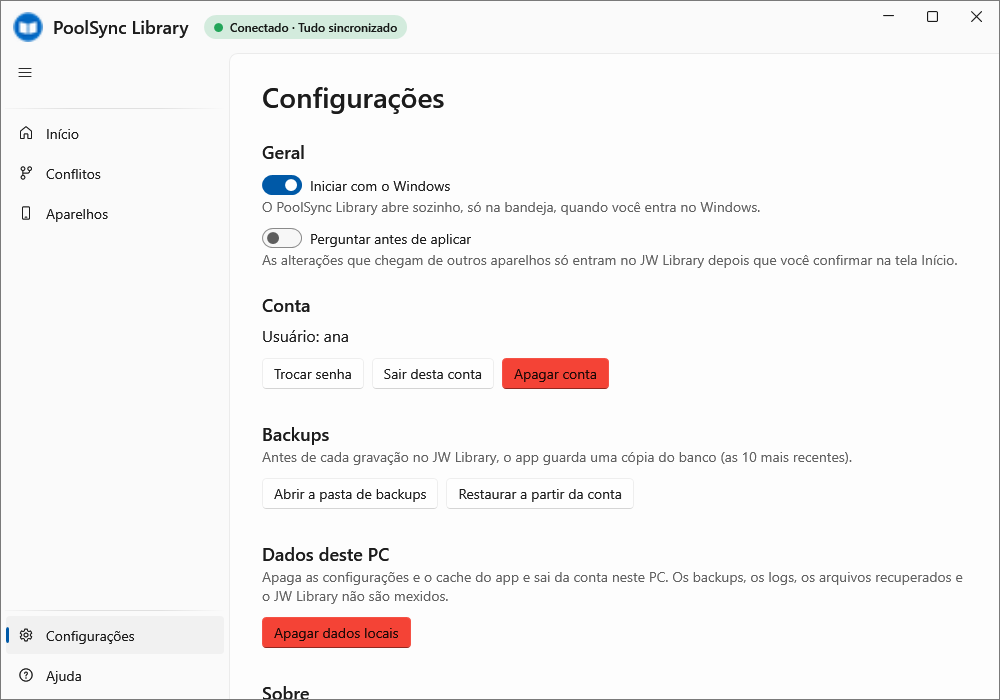 Tela Configurações com as seções Geral, Conta, Backups e Dados deste PC.