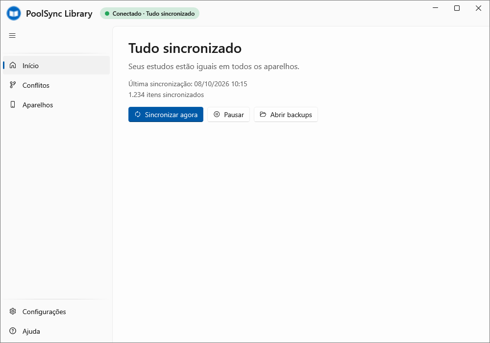 Janela do PoolSync Library no Windows mostrando “Tudo sincronizado”, com a hora da última sincronização e os botões Sincronizar agora, Pausar e Abrir backups.