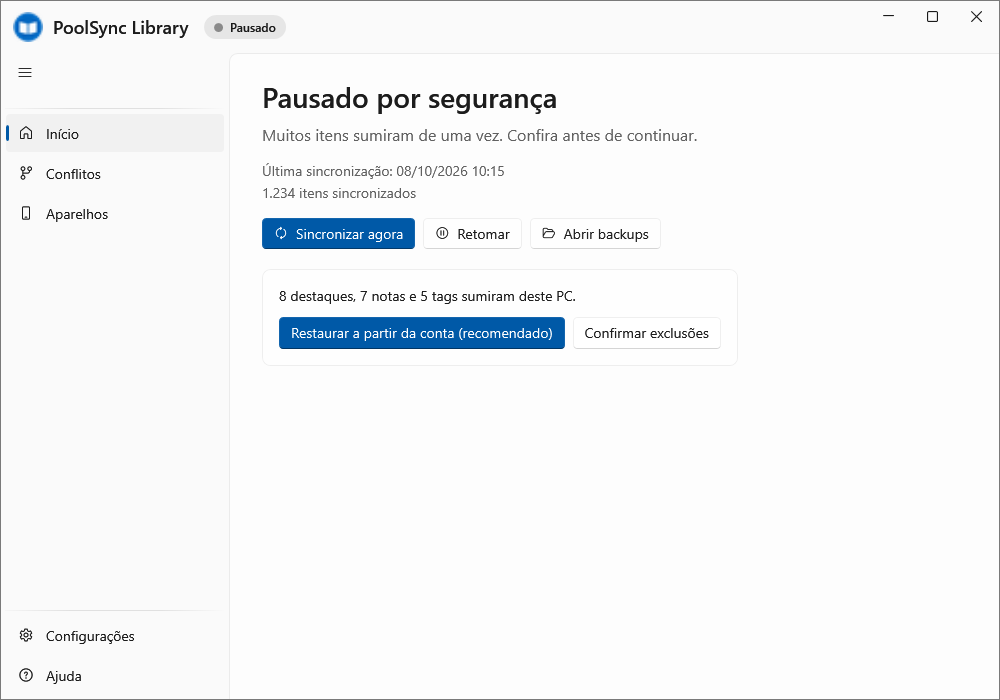 Tela Início com o aviso da trava: 8 destaques, 7 notas e 5 tags sumiram deste PC, e os botões Restaurar a partir da conta e Confirmar exclusões.